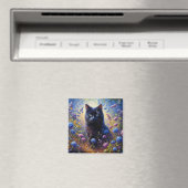 Schwarze Katze und Lila Wildblumen Ölgemälde Magnet (In Situ (Geschirrspüler))
