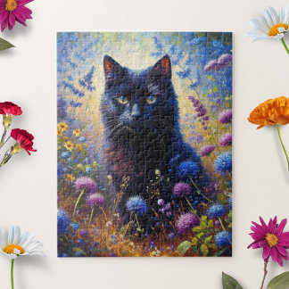 Schwarze Katze und Lila Wildblumen Ölgemälde Puzzle