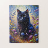 Schwarze Katze und Lila Wildblumen Ölgemälde Puzzle (Vertikal)