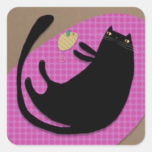 Schwarze Katze und Maus Quadratischer Aufkleber (Vorderseite)