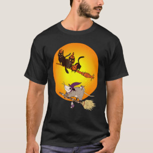 Schwarze Katze und Maus reiten Besen Mond Hallowee T-Shirt