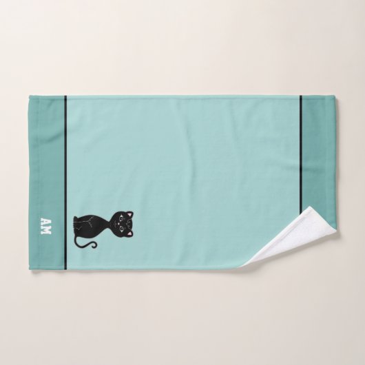 Schwarze Katze und Monogramm auf hellblauer Farbe Badhandtuch Set (Handtuch)