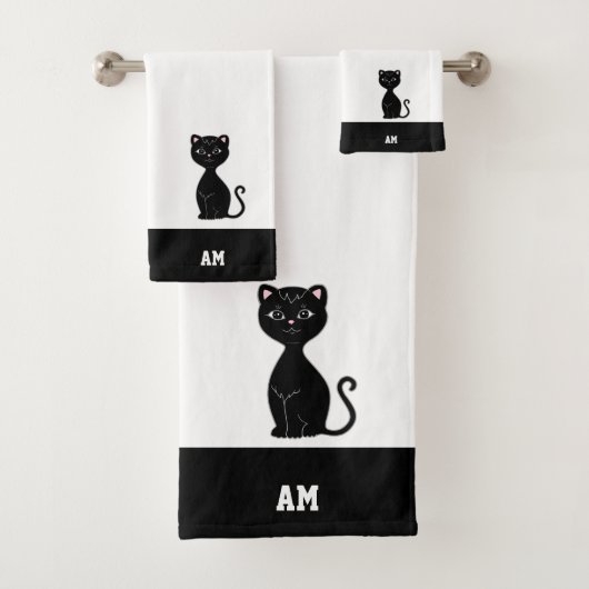 Schwarze Katze und Monogramm auf Schwarz und Weiß Badhandtuch Set (Insitu)