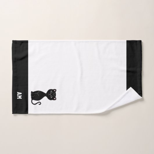 Schwarze Katze und Monogramm auf Schwarz und Weiß Badhandtuch Set (Handtuch)