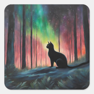 Schwarze Katze und Nordlichter Quadratischer Aufkleber