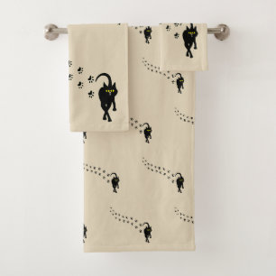Schwarze Katze und Pawprints Badhandtuch Set