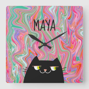 Schwarze Katze und rosa künstlerisches Muster Mono Quadratische Wanduhr