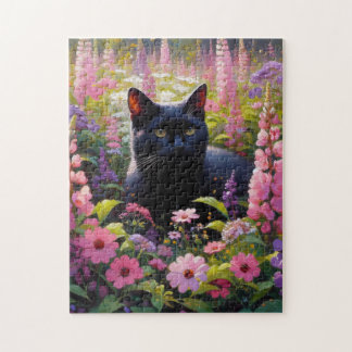Schwarze Katze und rosa Wildblumen Ölgemälde Puzzle