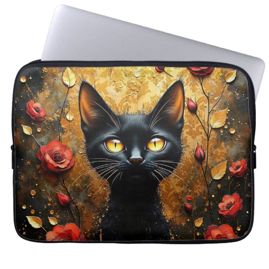Schwarze Katze und Rosen Laptopschutzhülle (Vorderseite)