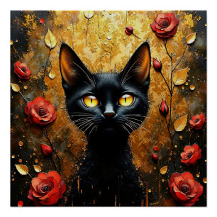 Schwarze Katze und Rosen Poster
