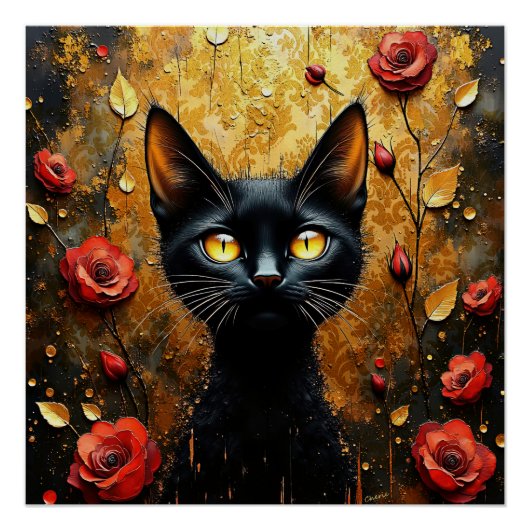 Schwarze Katze und Rosen Poster (Vorderseite)