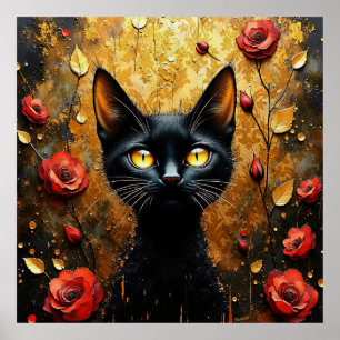 Schwarze Katze und Rosen Poster