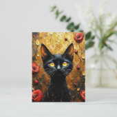 Schwarze Katze und Rosen Postkarte (Stehend Vorderseite)