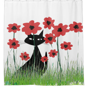 Schwarze Katze und rote Mohnblumen Duschvorhang