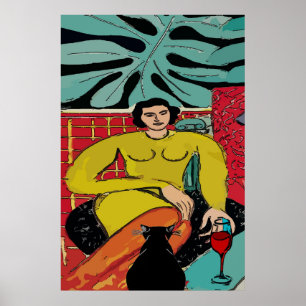 Schwarze Katze und Rotwein Poster