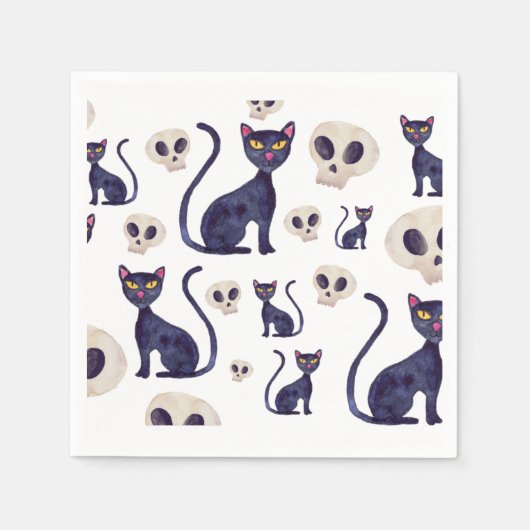 Schwarze Katze und Schädel Halloween-Design Serviette (Vorderseite)