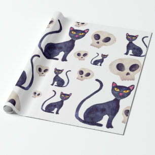 Schwarze Katze und Schädelstich Geschenkpapier