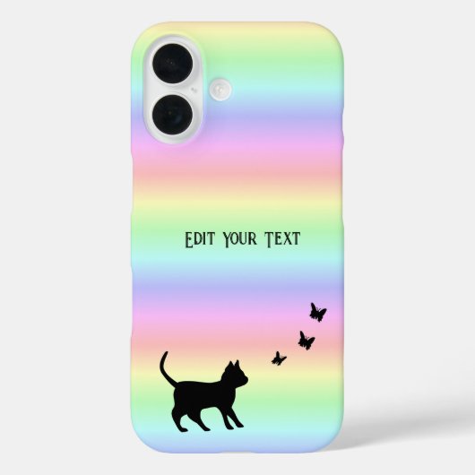 Schwarze Katze und Schmetterling auf Regenbogen Case-Mate iPhone Hülle (Rückseite)