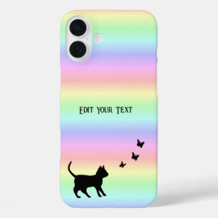 Schwarze Katze und Schmetterling auf Regenbogen iPhone 16 Plus Hülle