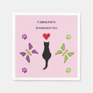 Schwarze Katze und Schmetterlinge Rosa Nachmittags Serviette