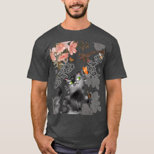 Schwarze Katze und Schmetterlinge unter dem Kirsch T-Shirt