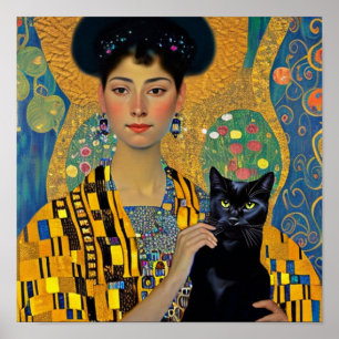 Schwarze Katze und schöne Frau Poster