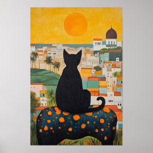 Schwarze Katze und schöne Stadt Poster