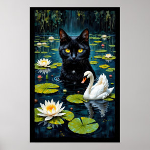 Schwarze Katze und Schwan in einem mit Wasser gefü Poster