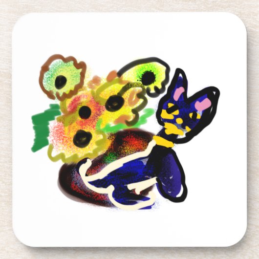 Schwarze Katze und Sonnenblumen  Getränkeuntersetzer (Vorderseite)