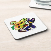 Schwarze Katze und Sonnenblumen  Getränkeuntersetzer (Linke Seite)