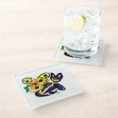 Schwarze Katze und Sonnenblumen  Glasuntersetzer (Schrägansicht)