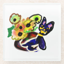 Schwarze Katze und Sonnenblumen  Glasuntersetzer