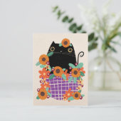 Schwarze Katze und Sonnenblumen Postkarte (Stehend Vorderseite)