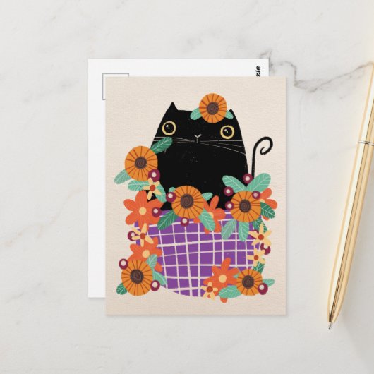 Schwarze Katze und Sonnenblumen Postkarte (Vorderseite/Rückseite Beispiel)