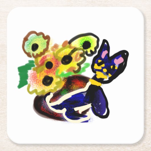 Schwarze Katze und Sonnenblumen  Rechteckiger Pappuntersetzer (Vorderseite)