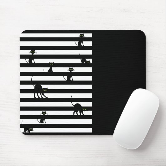 Schwarze Katze und Streifen Farbblock Schwarz Mousepad (Mit Mouse)