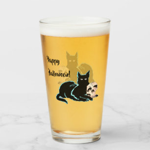 Schwarze Katze und Totenkopf Halloween Glas