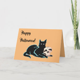 Schwarze Katze und Totenkopf Halloween Karte
