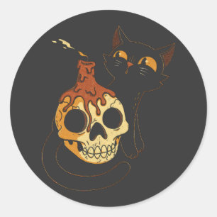 Schwarze Katze und Totenkopf im Vintage-Stil Runder Aufkleber