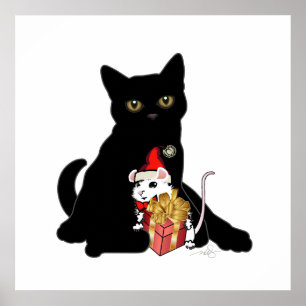 Schwarze Katze und weiße Maus Weihnachten Poster