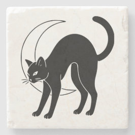 Schwarze Katze und zunehmender Mond Liniengrafik Steinuntersetzer