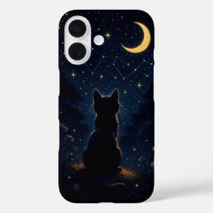 Schwarze Katze unter dem Halbmond - Magischer Nach iPhone 16 Hülle