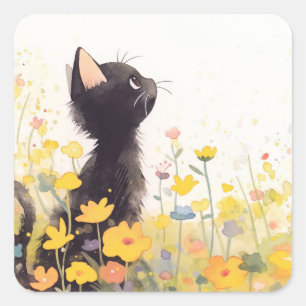 Schwarze Katze unter den Blume Quadratischer Aufkleber