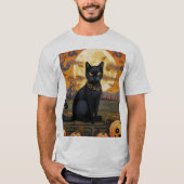 Schwarze Katze unter einem Erntemond und Pumpkins T-Shirt (Vorderseite)