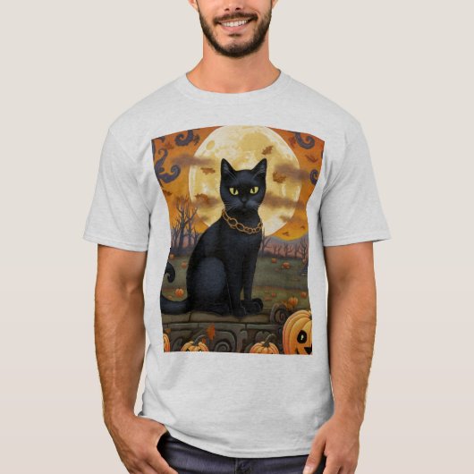 Schwarze Katze unter einem Erntemond und Pumpkins T-Shirt (Vorderseite)