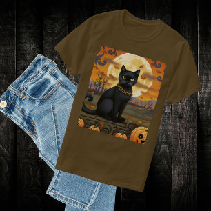 Schwarze Katze unter einem Erntemond und Pumpkins T-Shirt
