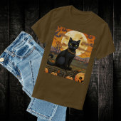 Schwarze Katze unter einem Erntemond und Pumpkins T-Shirt