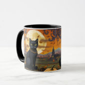 Schwarze Katze unter einem Erntemond und Pumpkins Tasse (Vorderseite Links)