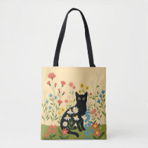 Schwarze Katze unter farbenfrohen Wildblumen – Cot