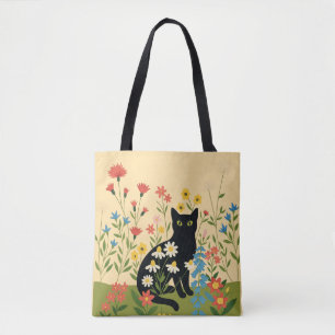 Schwarze Katze unter farbenfrohen Wildblumen - Ker Tasche